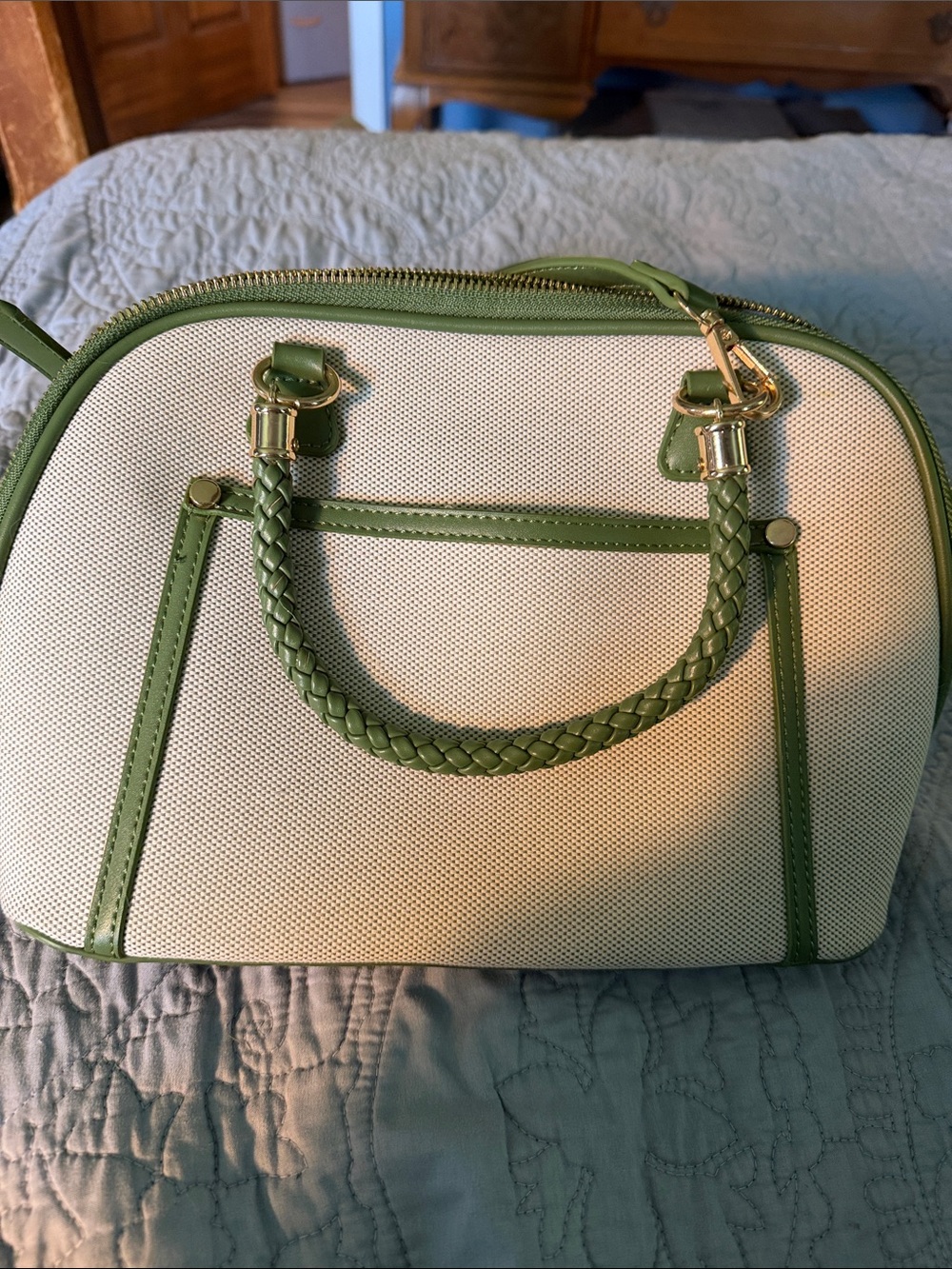 Mystique Boutique Cream and Green Braided-Handle Dome Satchel with Gold Hardware